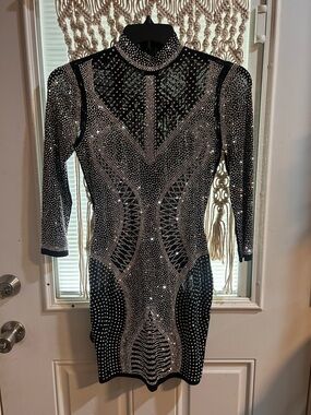 Banjul Black & Silver Rhinestone High-Neck Mini Dress